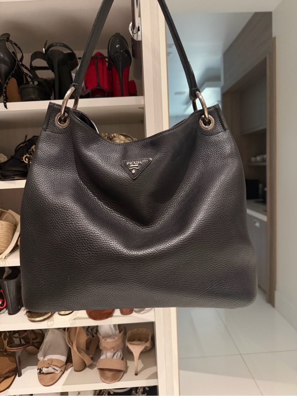 Prada Black Pebbled Leather Shoulder Hobo